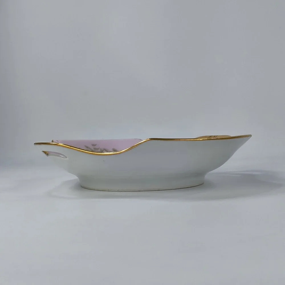 Vintage Japan Porcelain Hand Painted Pink Rose Bonbon Dish Gold Gilt Handles